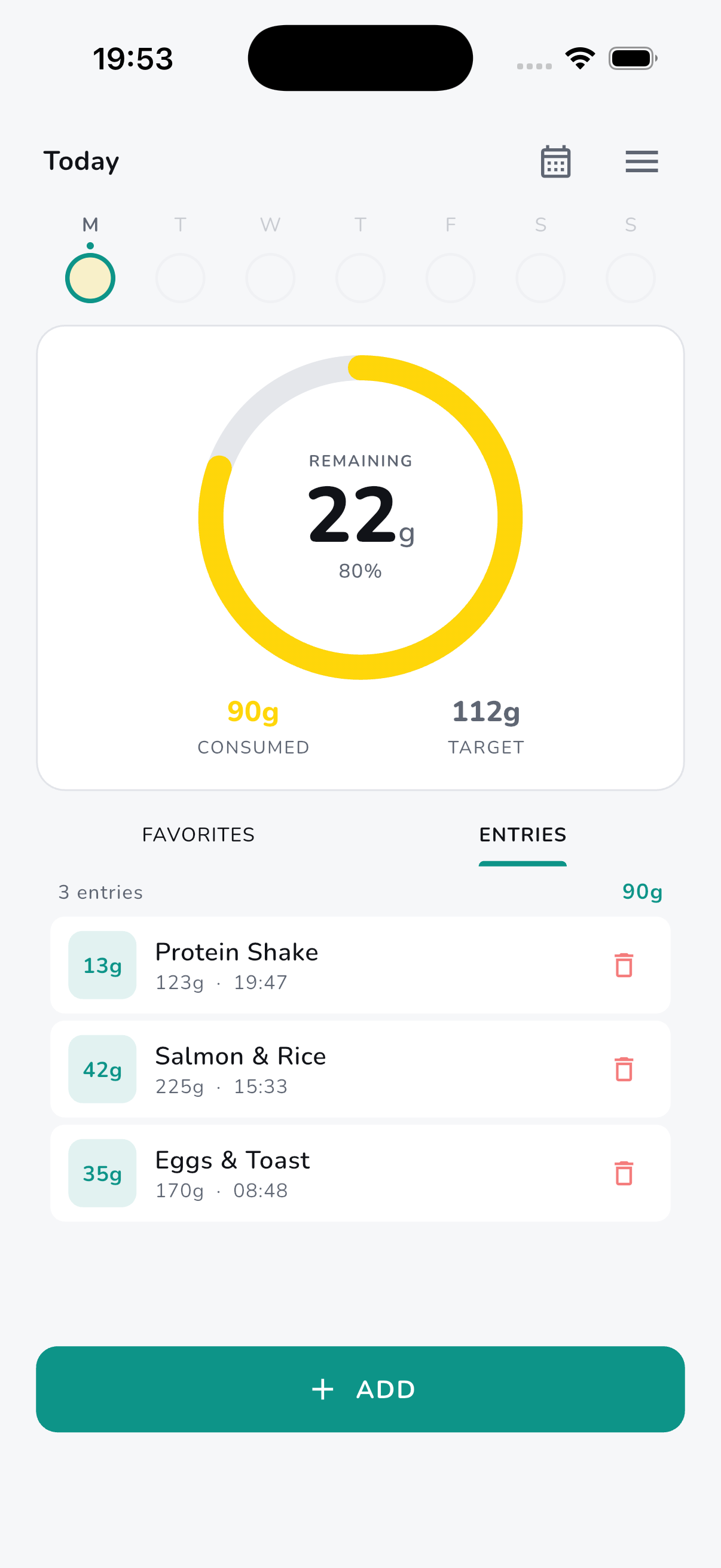 Protio home screen showing protein progress ring and food entries