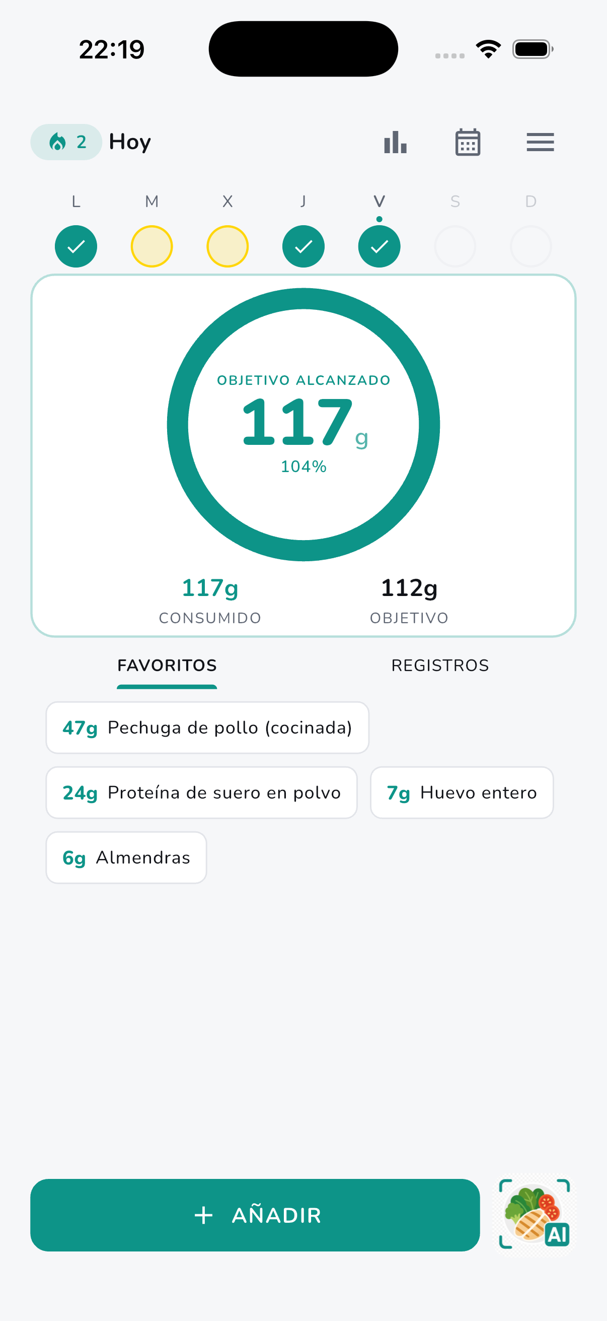 Protio home screen showing protein progress ring and food entries