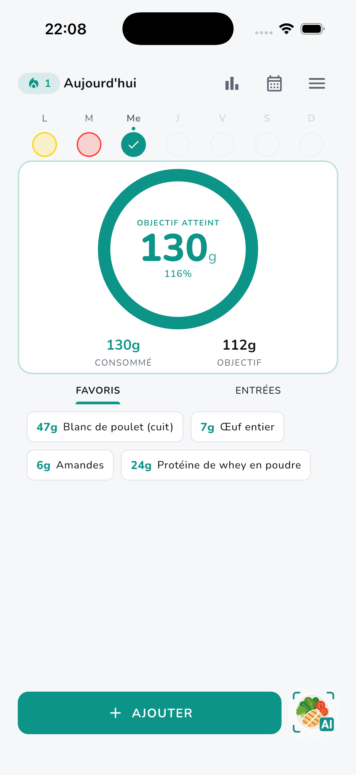 Protio home screen showing protein progress ring and food entries