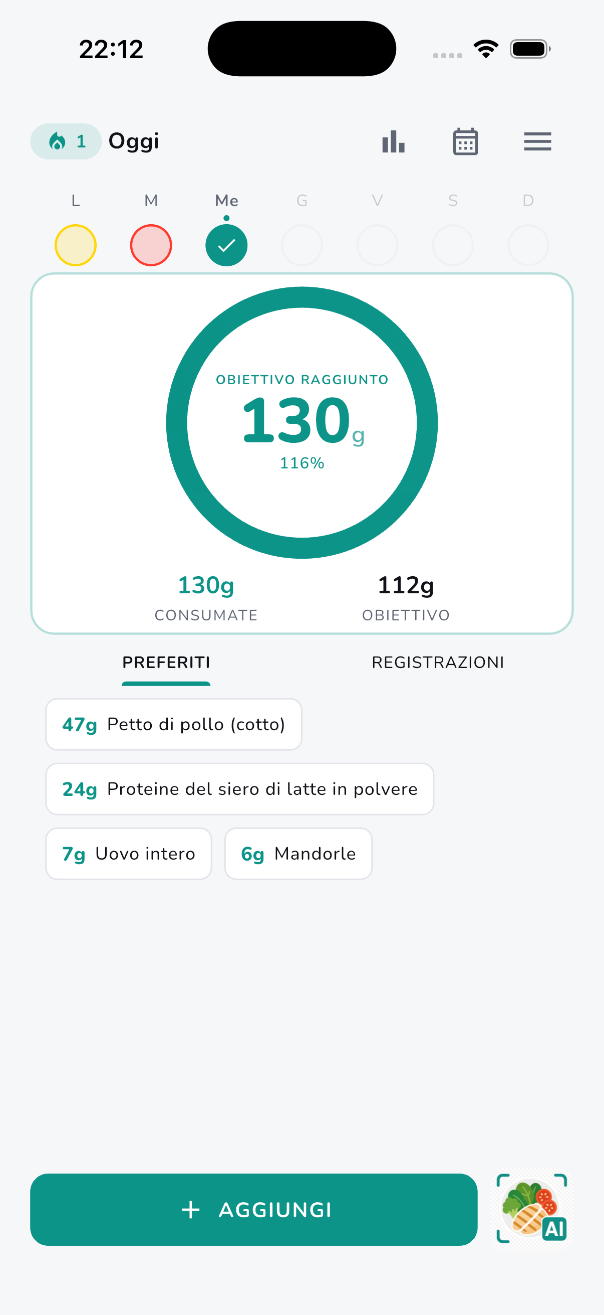 Protio home screen showing protein progress ring and food entries