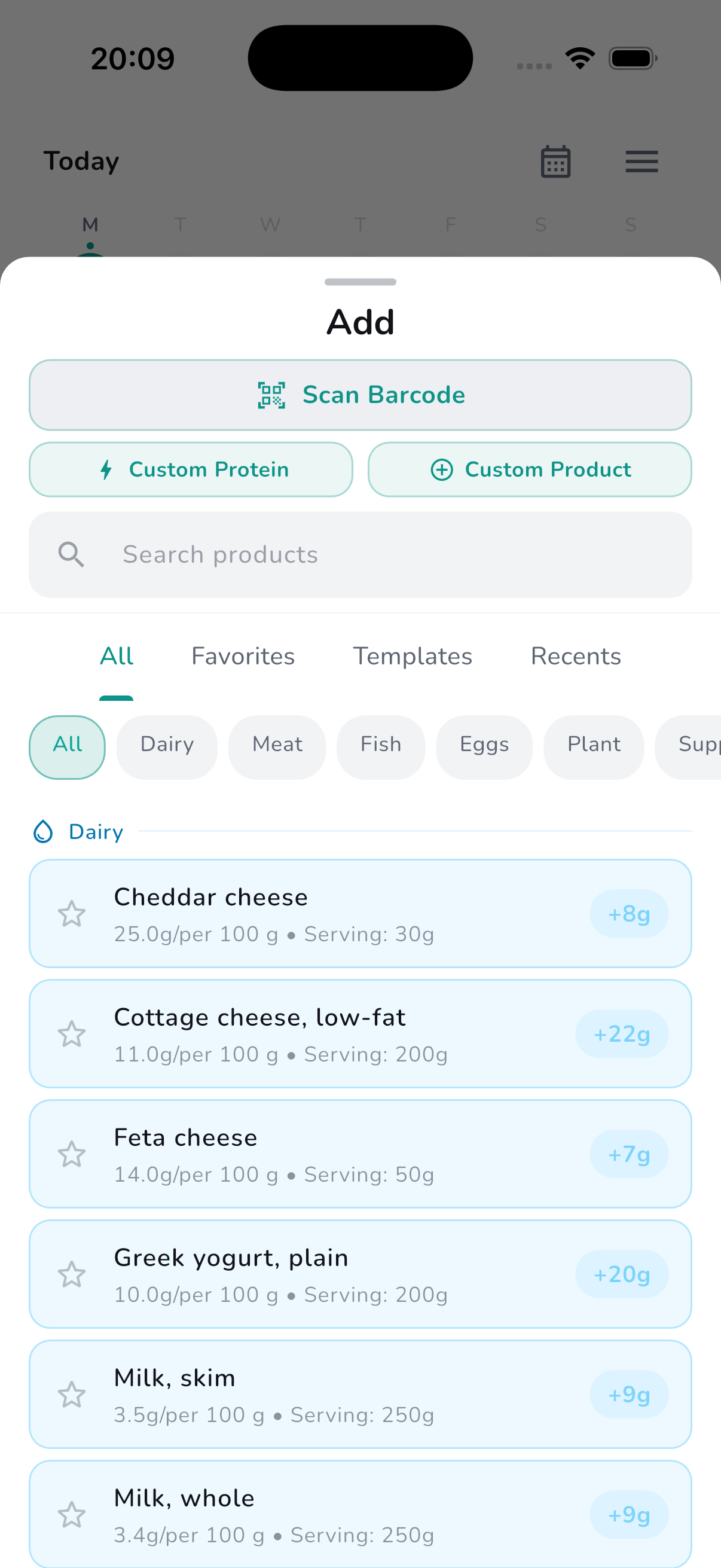 Built-in food library with 100+ products