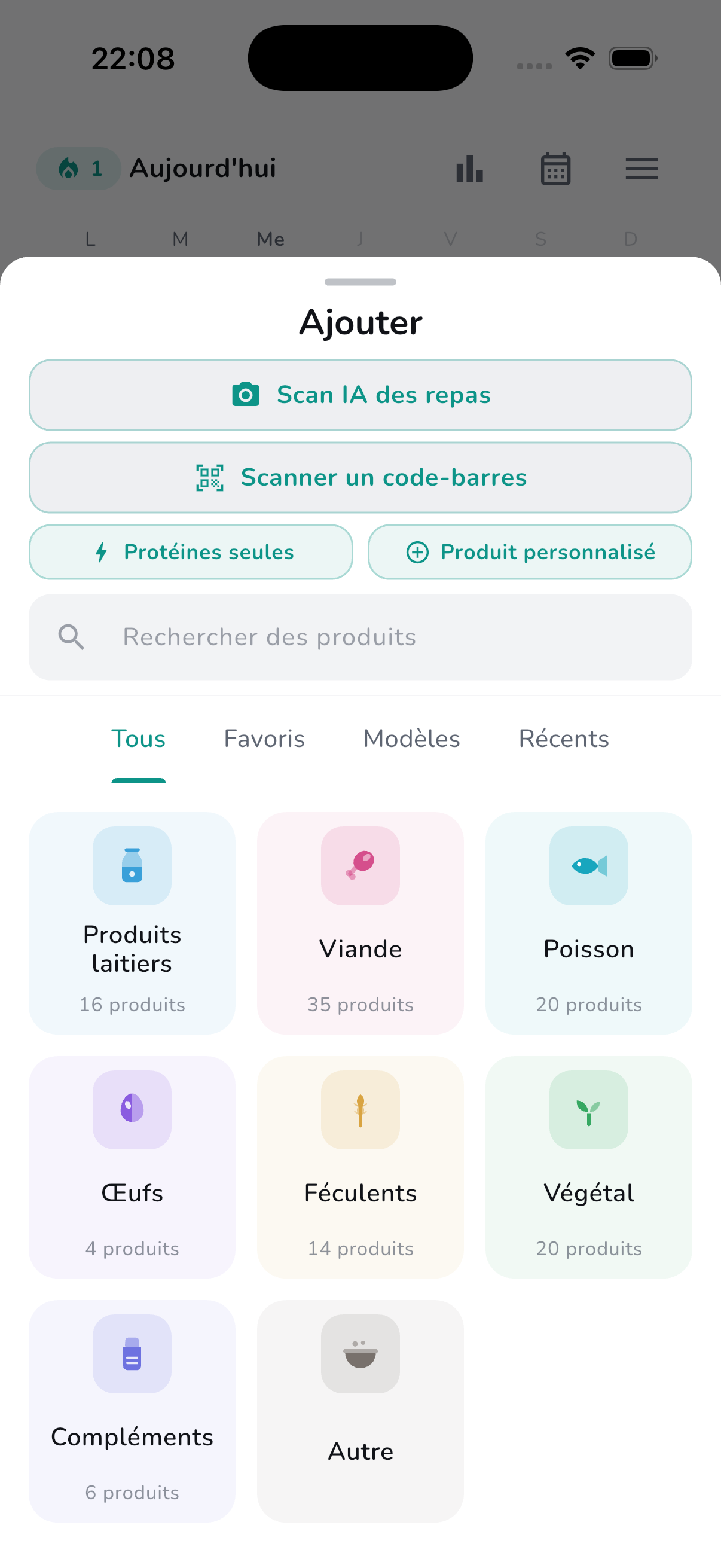 Built-in food library with 100+ products